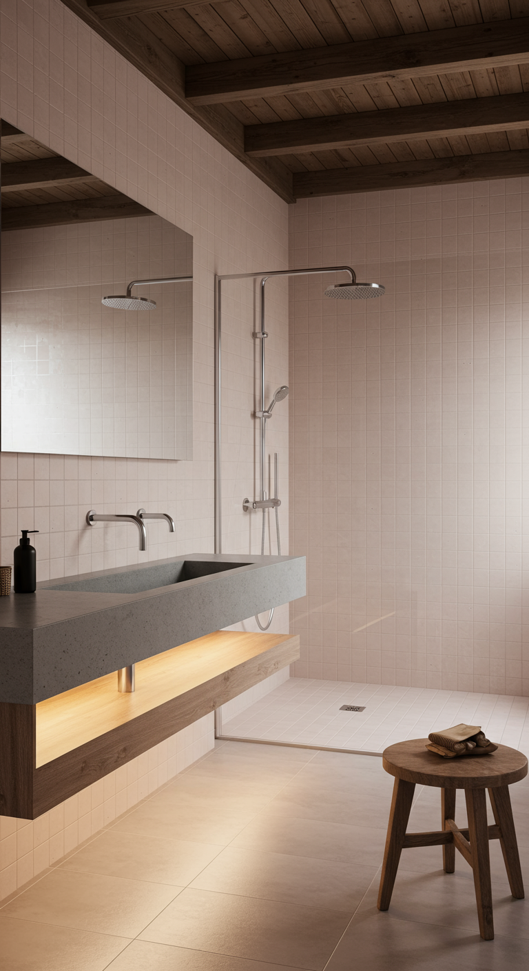 Badezimmer mit sichtbaren Deckenbalken, rosa Fliesen und Betonwaschbecken.