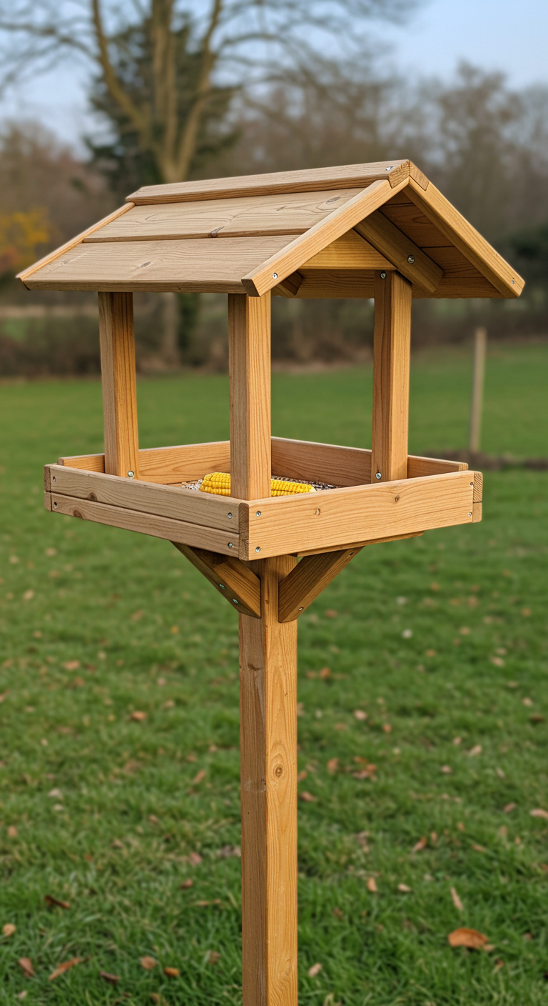 Einfaches, rustikales Holz-Vogelhaus auf einem Pfahl, gefüllt mit Mais, im Garten.