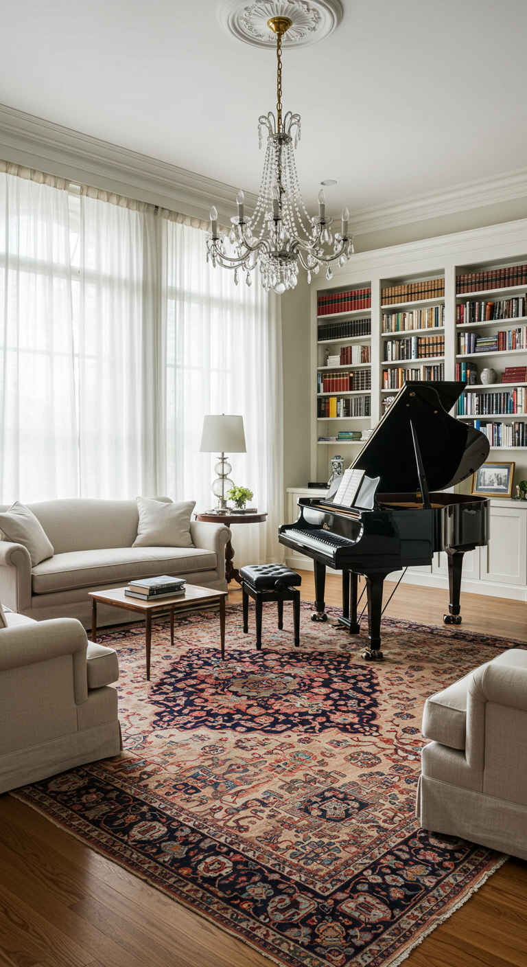 Elegantes Light Academia Wohnzimmer mit Bücherwand, Flügel und Kristalllüster.