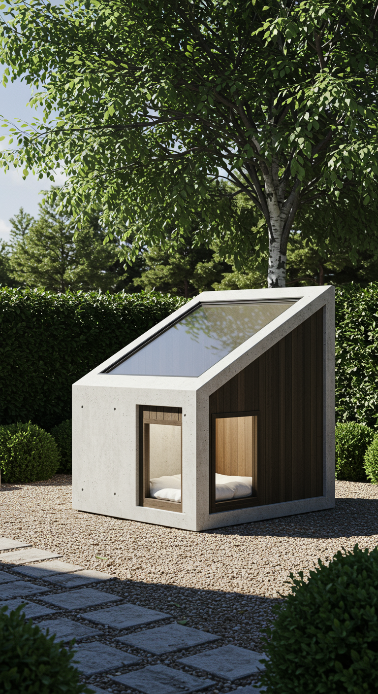 Moderne Hundehütte aus Beton und Holz mit Solarpanel im Garten.