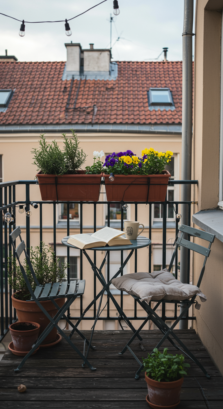 Kleiner Stadtbalkon mit Klappmöbeln, Buch und Blumenkästen mit Kräutern und bunten Blumen.