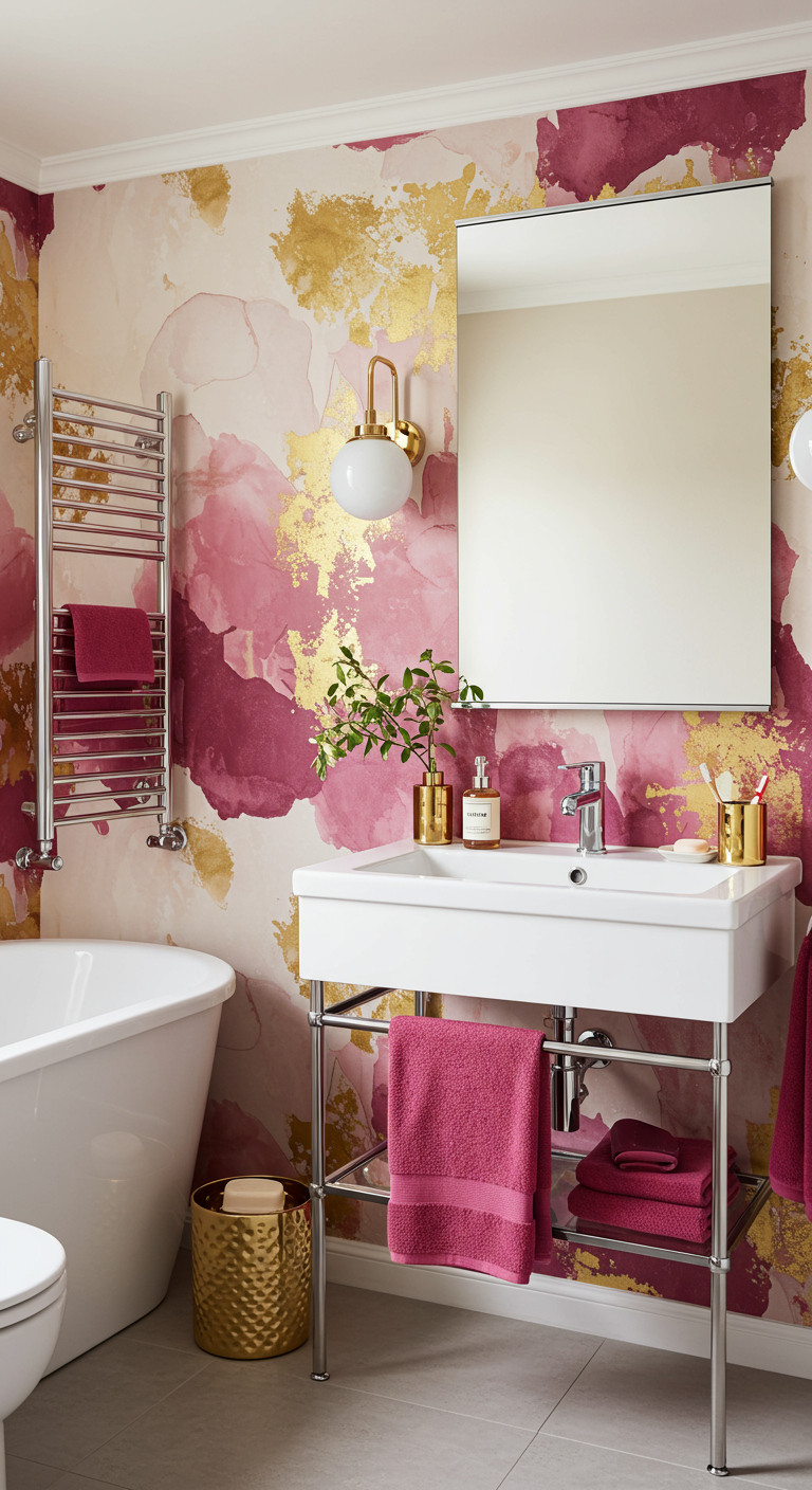 Bad mit abstrakter Tapete in Rosé-Gold, weißen Sanitärobjekten und goldenen Akzenten.