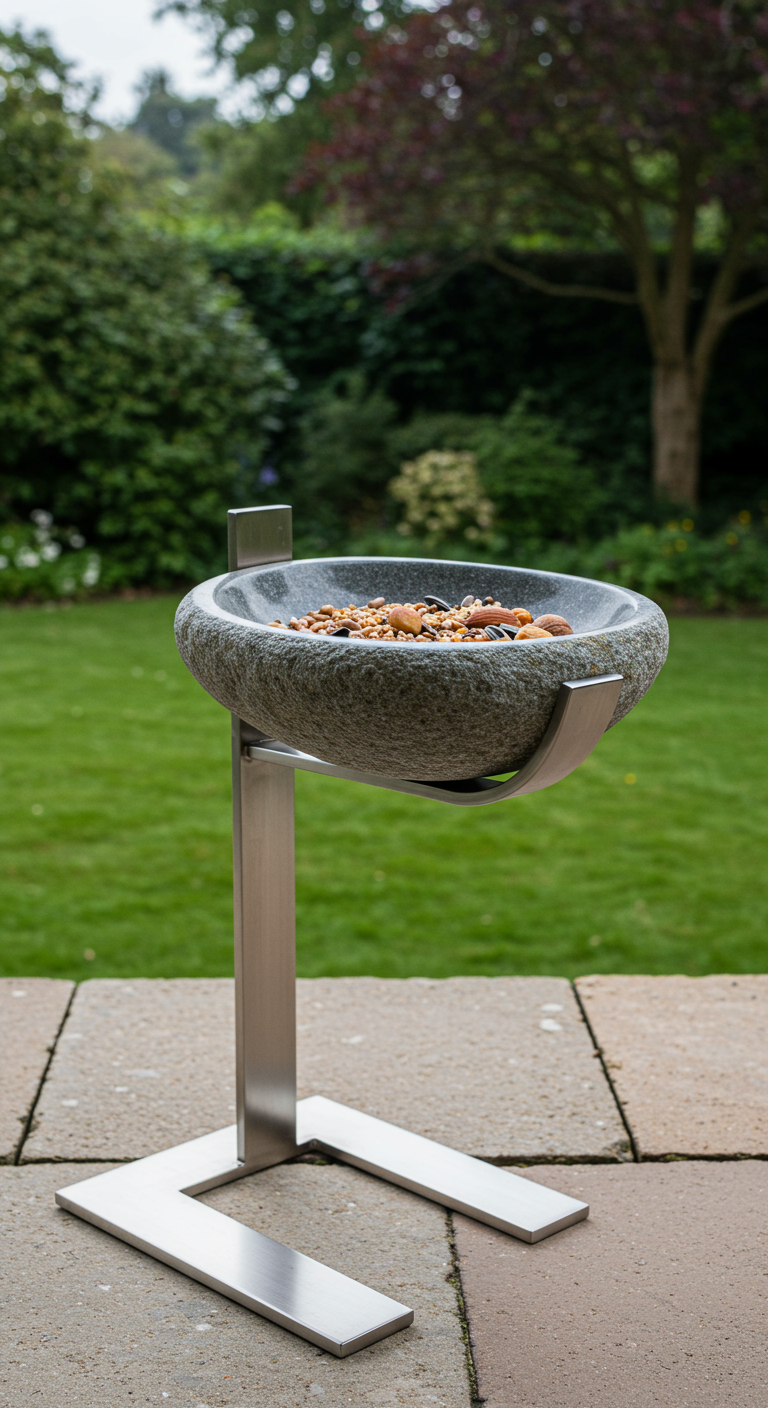 Steinschale auf Edelstahlfuß als Futterstelle