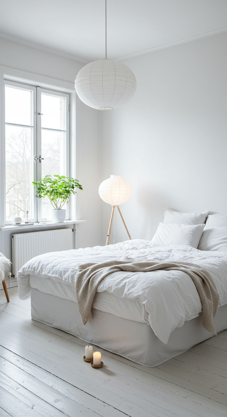 Komplett weißes skandinavisches Schlafzimmer mit Papierleuchten und Grünpflanze.