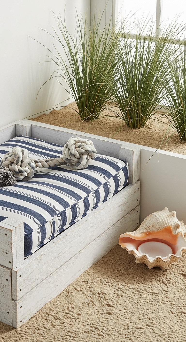 Weißes Holzbett mit blau-weiß gestreiftem Kissen auf Sand, mit Dünengras und Muschel.