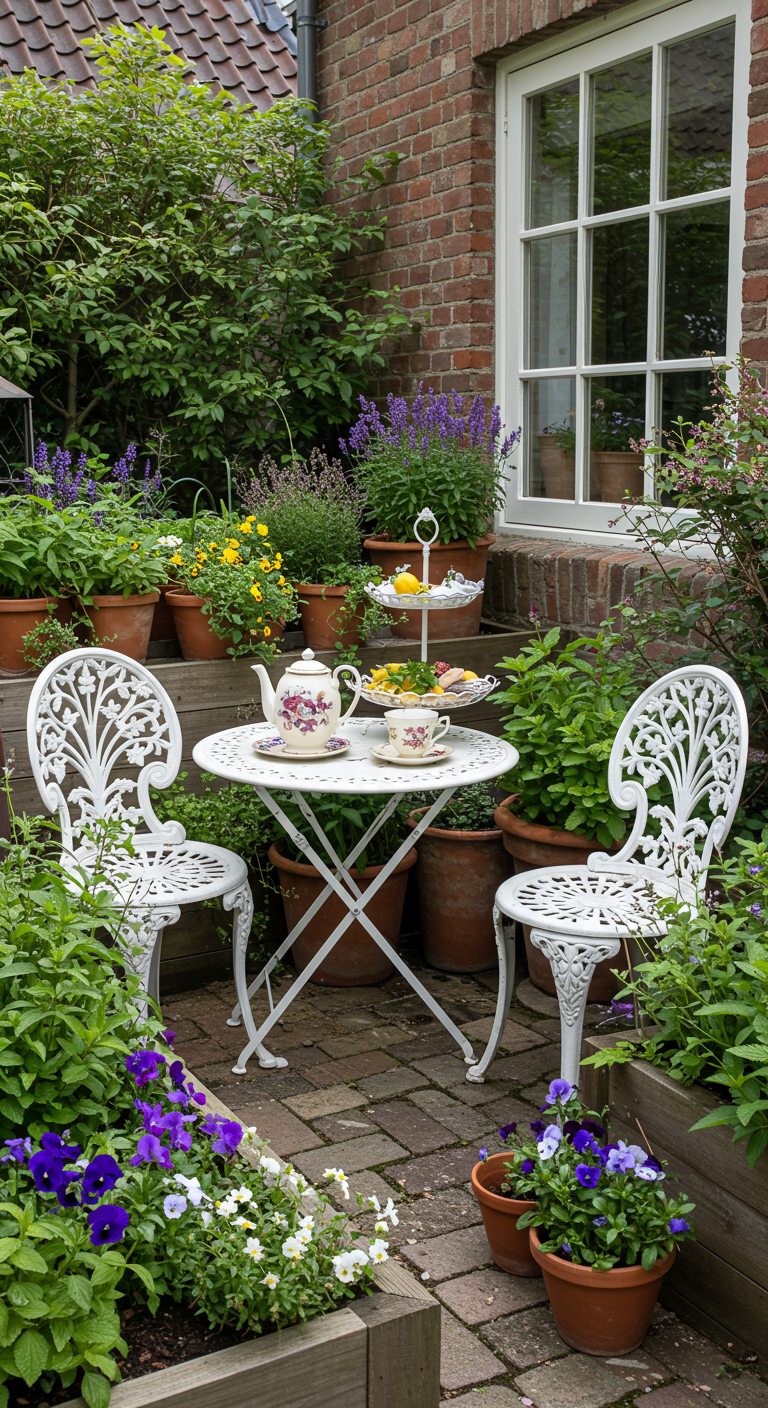 Weißes Bistro-Set umgeben von Kräutertöpfen mit Teekanne und Etagere.