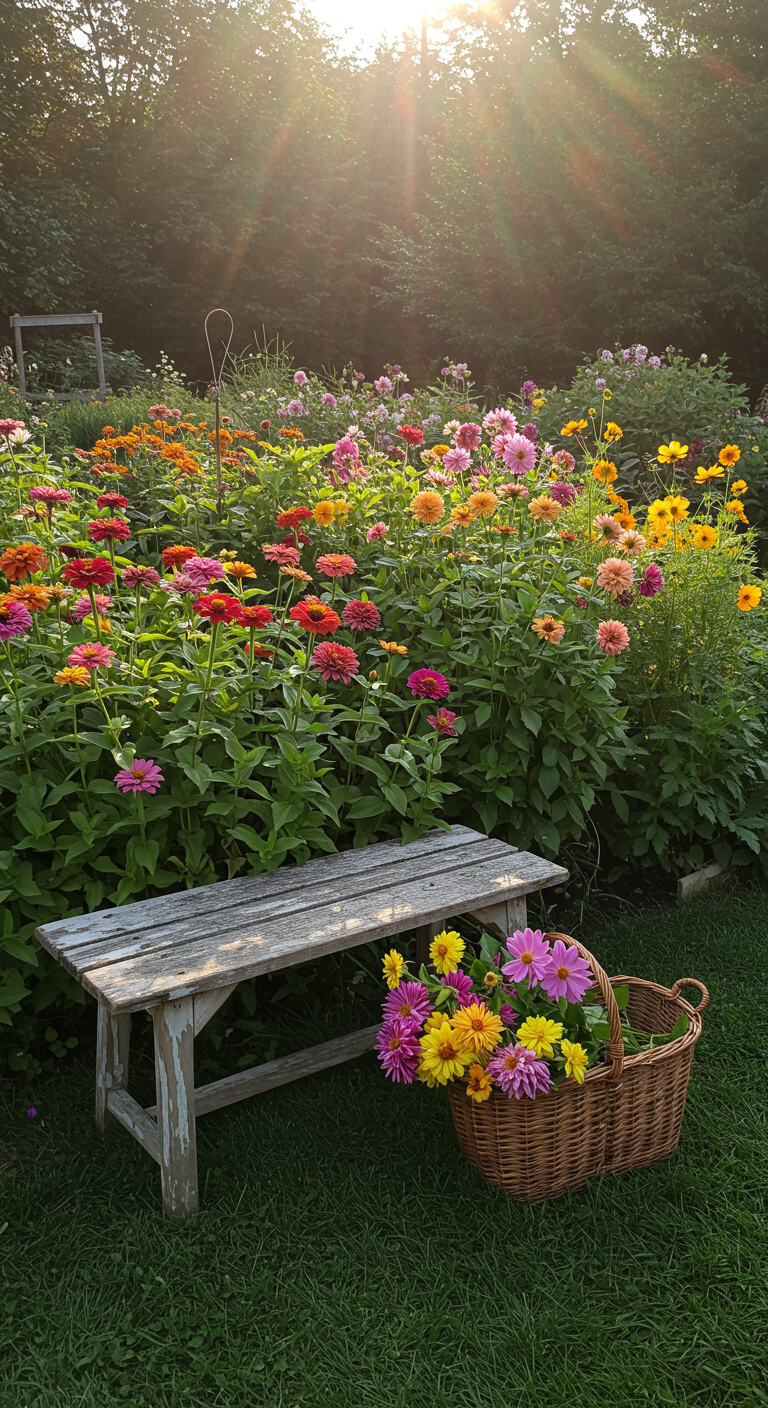 Üppiges Zinnienbeet in bunten Farben mit verwitterter Holzbank und Blumenkorb.