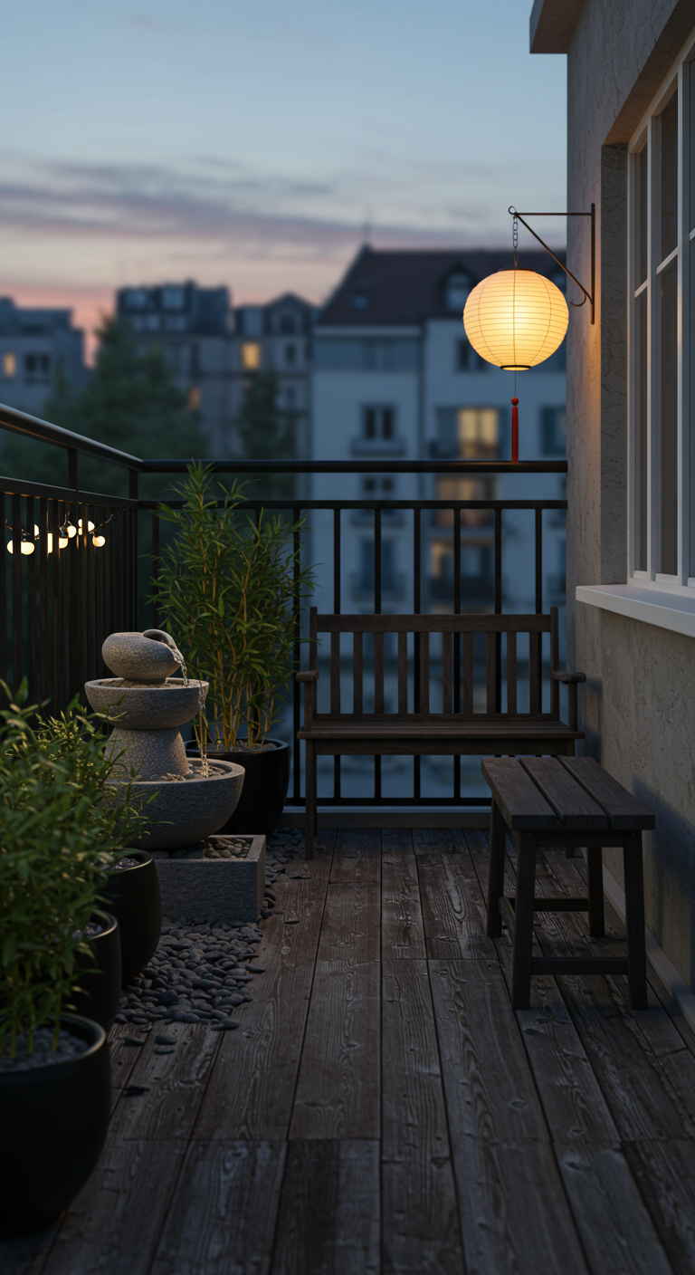 Chinesischer Balkongarten bei Nacht mit Laterne, Brunnen und Bank.