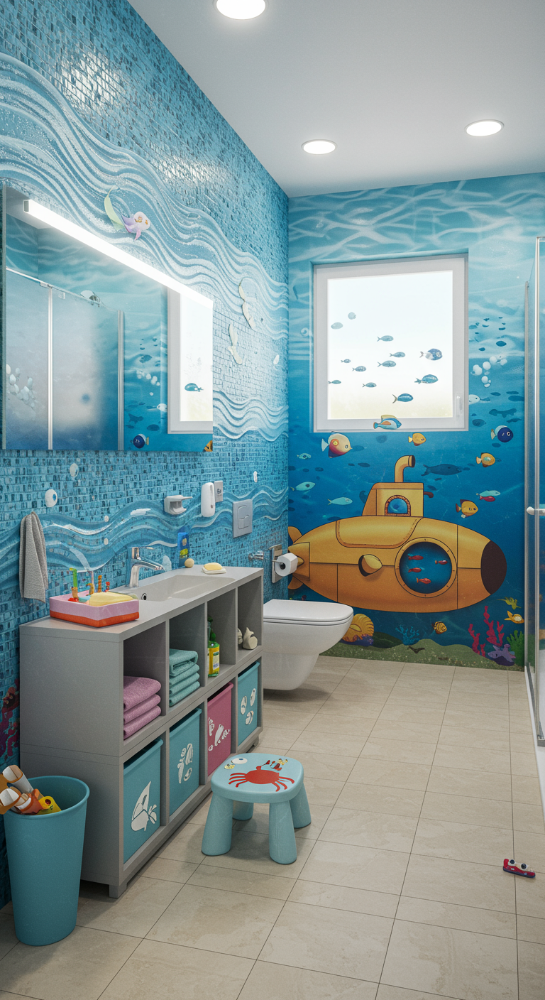 Kinderbad mit Unterwasser-Thema, blauen Mosaikfliesen und gelbem U-Boot an der Wand.
