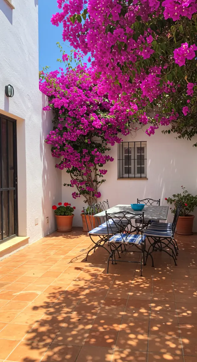 Sonnige Terrasse mit Terrakotta-Fliesen, weißer Wand und üppiger pinker Bougainvillea.