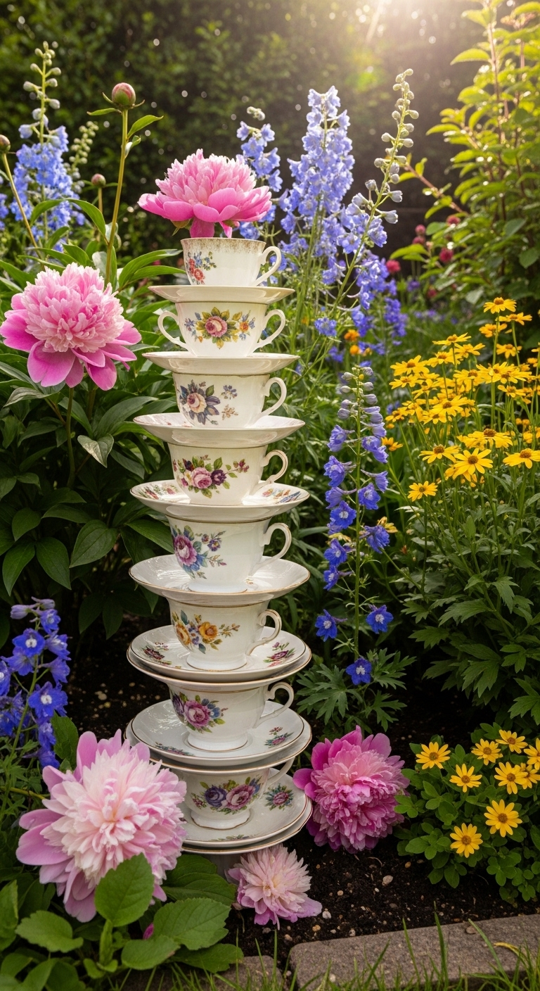 Gestapelte Teetassen mit Blumenmuster als Vogelbad zwischen rosa und blauen Blumen.