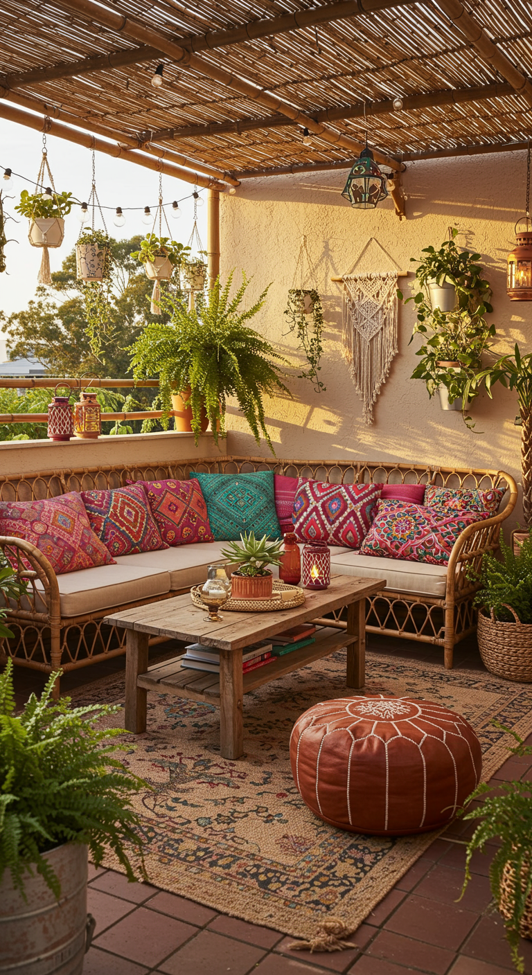 Bohemian Rattan-Ecksofa mit bunten Kissen und vielen Pflanzen auf einer Terrasse.