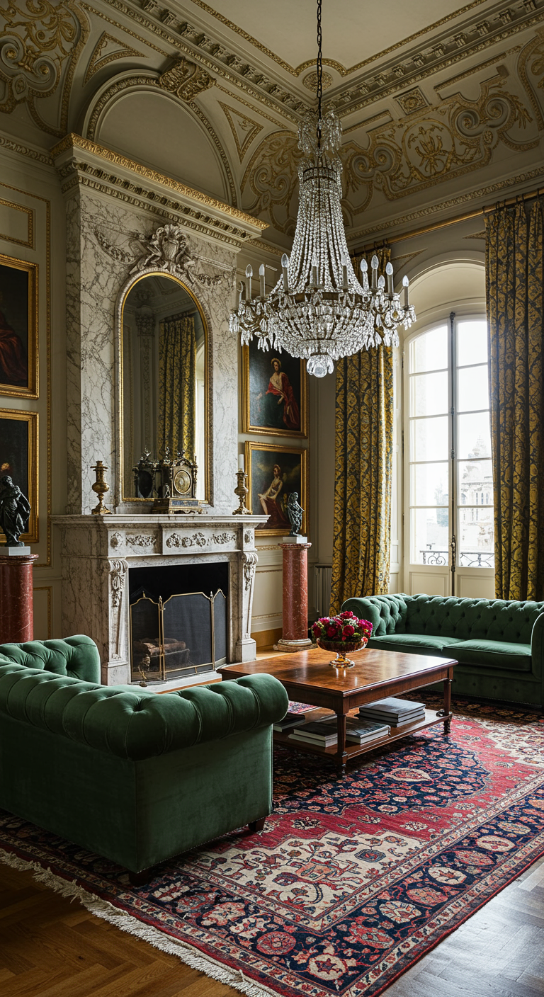 Opulentes Wohnzimmer mit grünen Chesterfield-Sofas und Kristallleuchter.