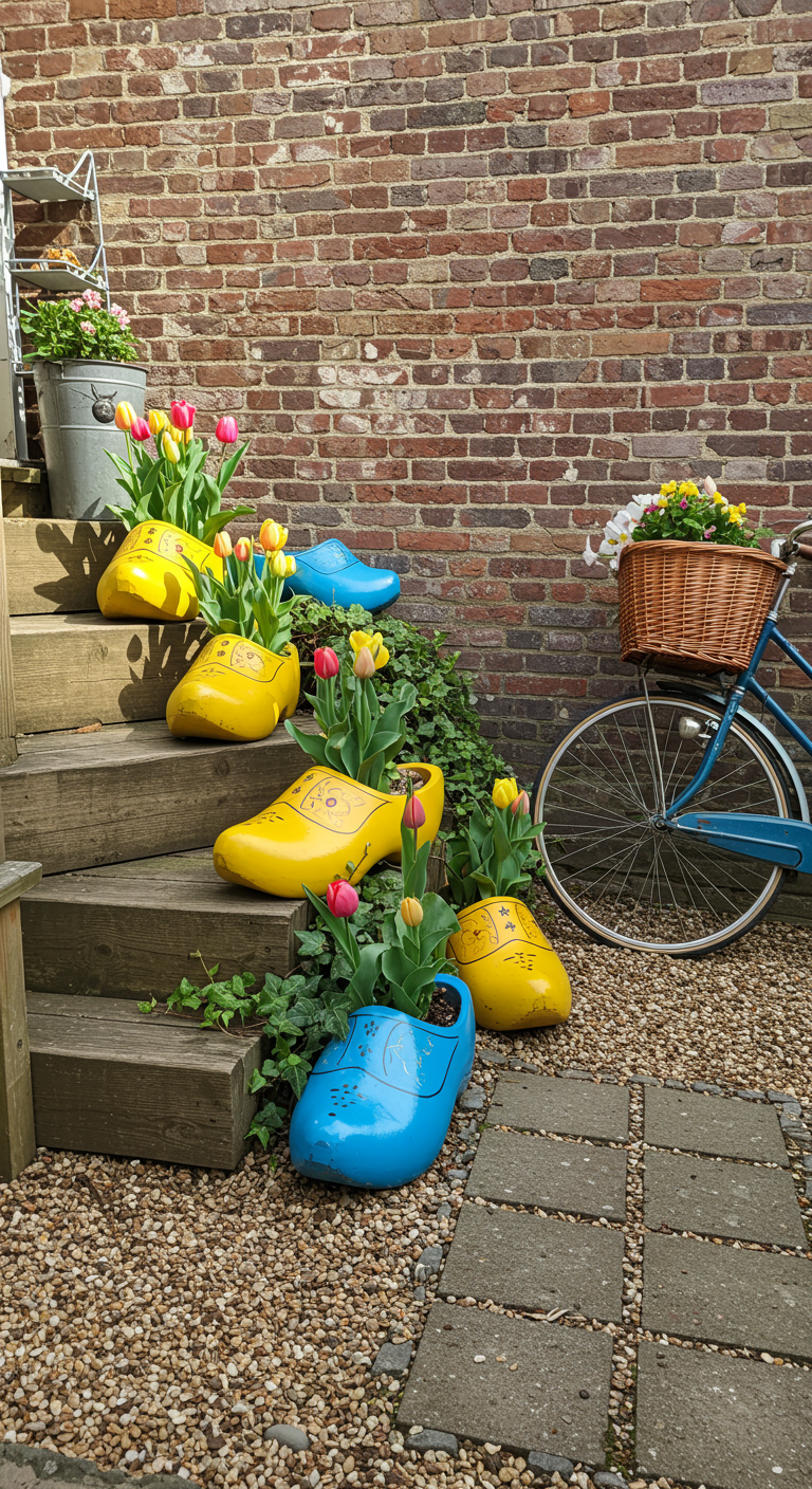 Bunte holländische Holzschuhe als Blumenkübel mit Tulpen auf einer Treppe.