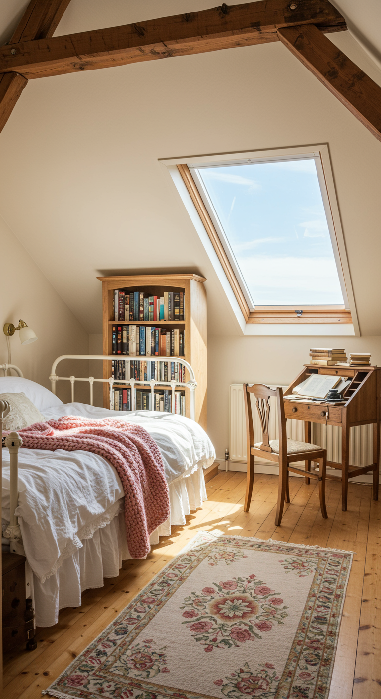Helles Schlafzimmer unterm Dach mit Metallbett, Bücherregal und Sekretär am Fenster.