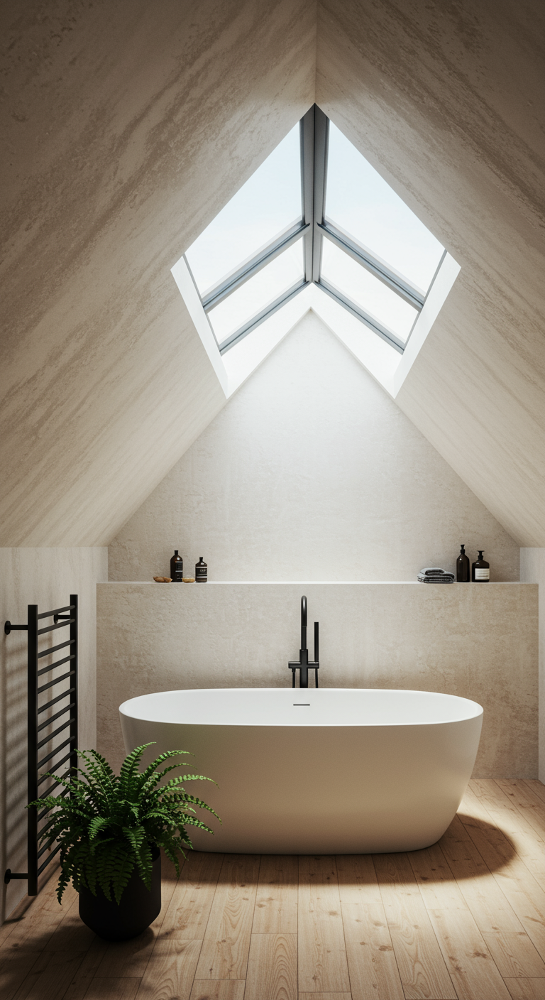 Helles Dachgeschoss-Badezimmer mit freistehender Wanne unter großem Dachfenster.