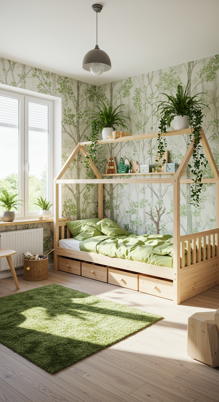 Kinderzimmer mit Hausbett aus hellem Holz, grüner Bettwäsche und Waldtapete.