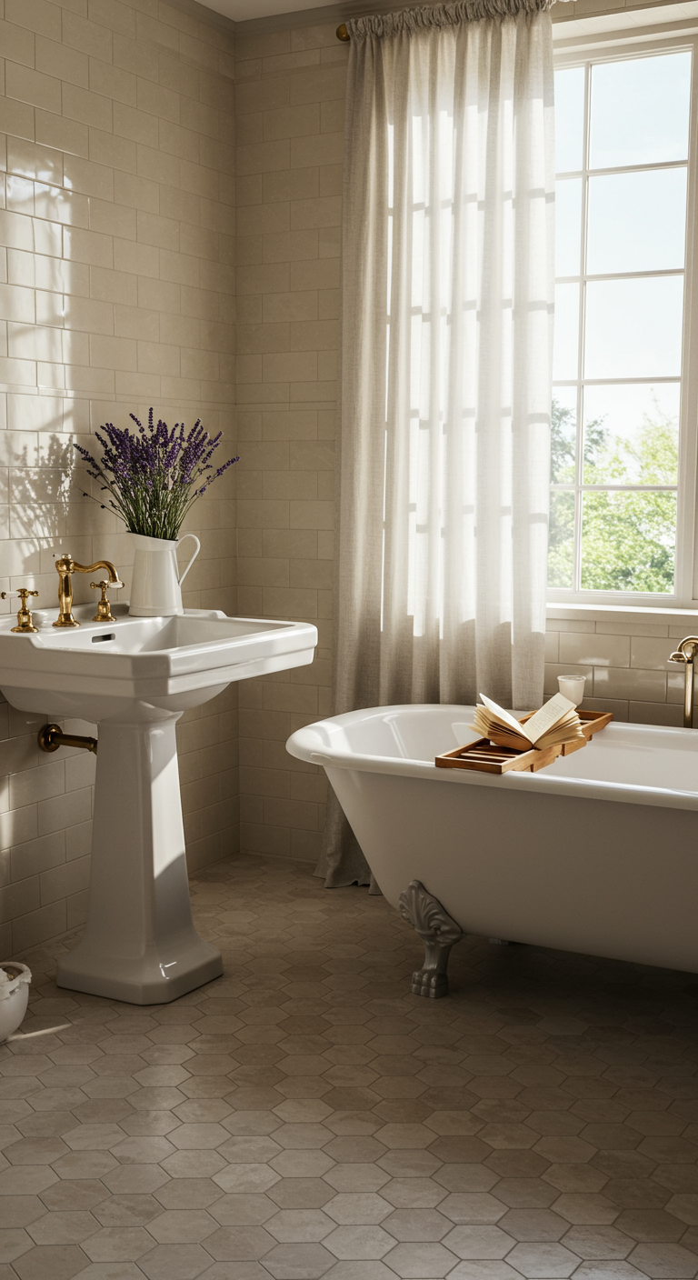 Helles Light Academia Badezimmer mit freistehender Wanne und Standwaschbecken.