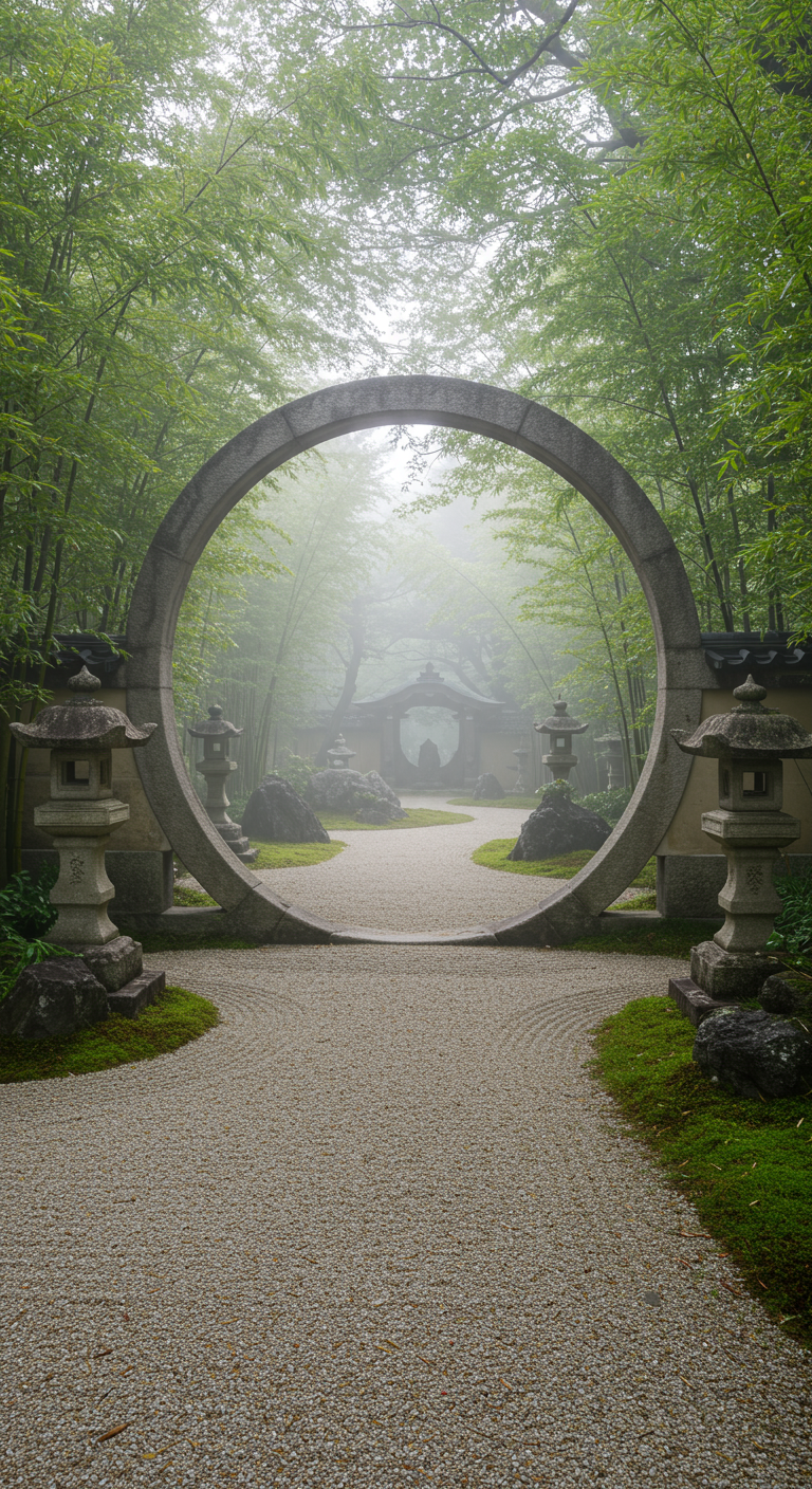 Ein rundes Steintor (Mondtor) in einem nebligen Bambusgarten.