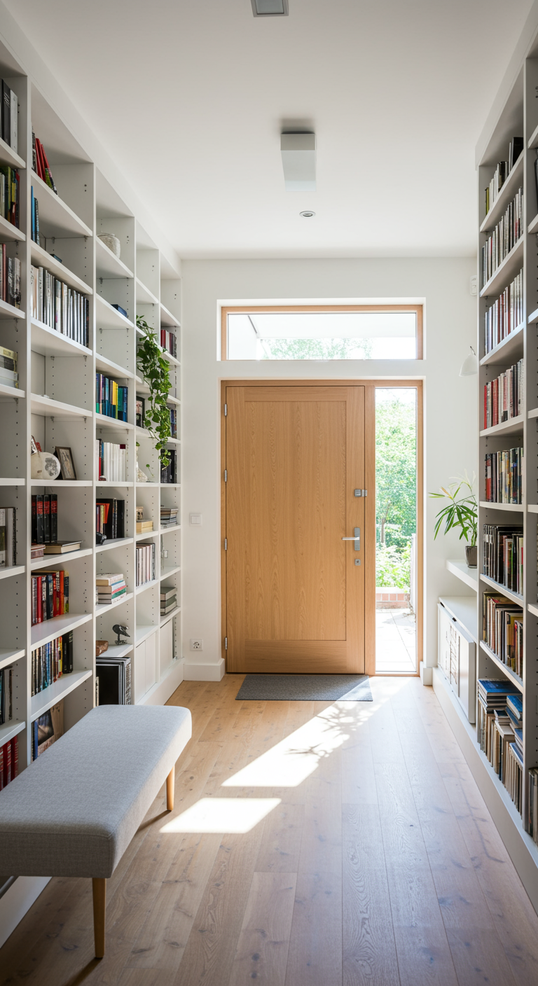 Heller Flur mit weißen Wandregalen voller Bücher neben einer Holztür.