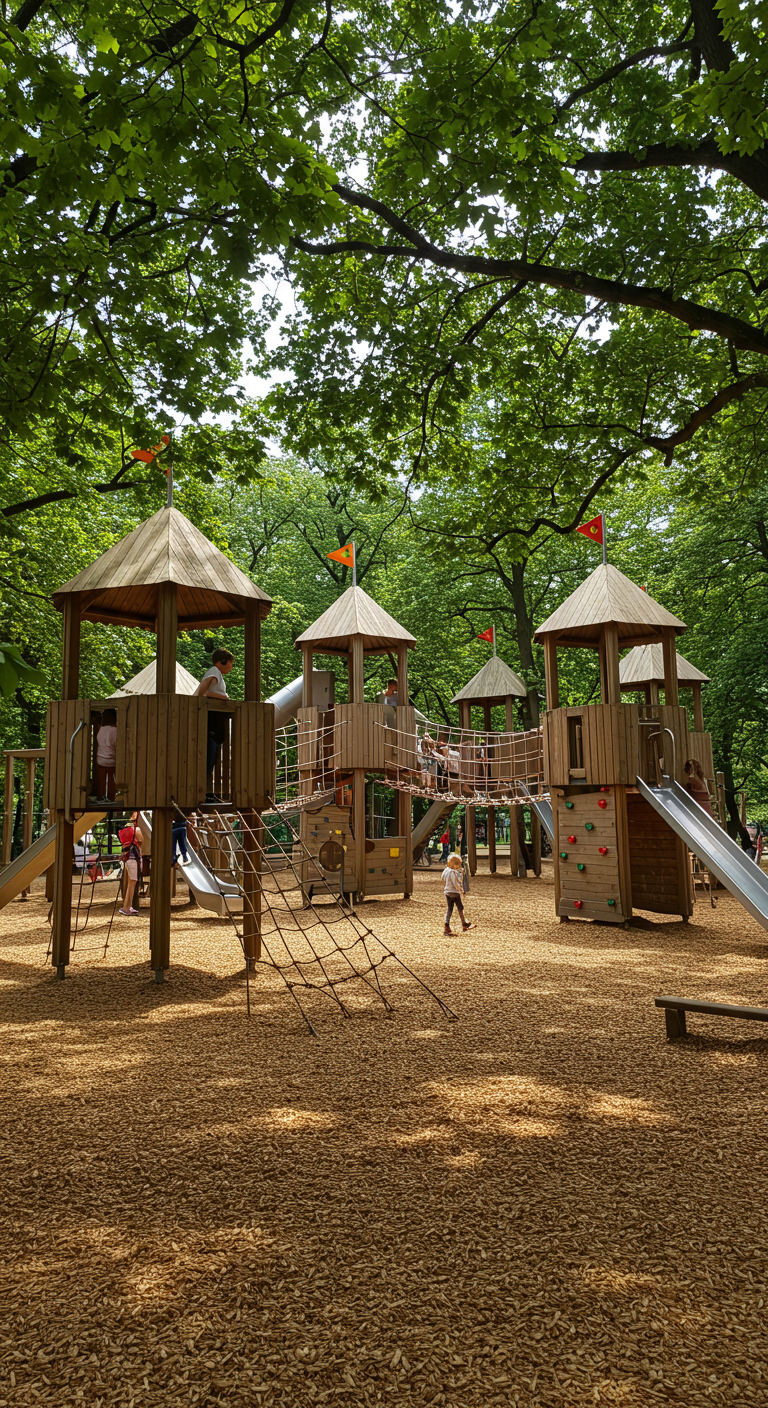 Großes Holz-Klettergerüst mit Türmen und Rutschen auf Rindenmulch unter Bäumen.