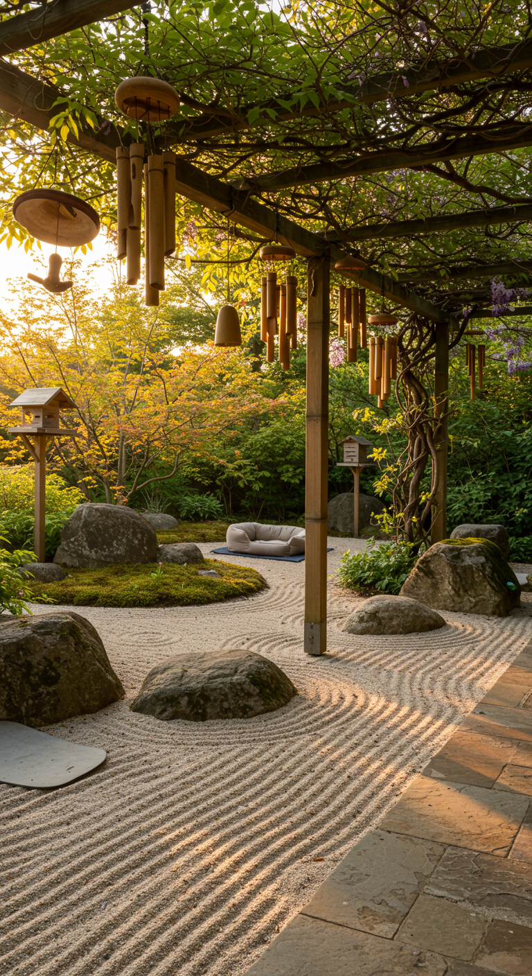Sanfter japanischer Garten mit Bambus-Windspielen und geriffeltem Kies bei Sonnenuntergang.