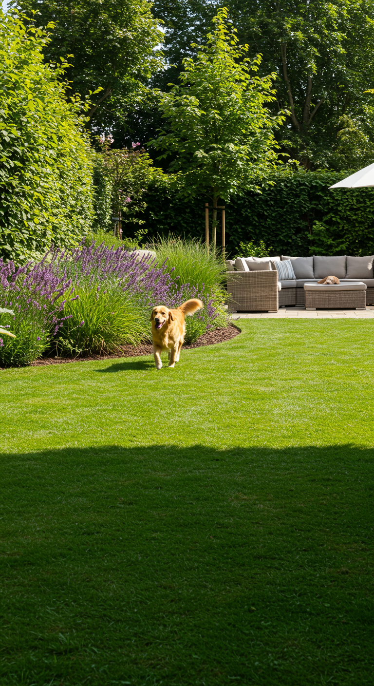 Golden Retriever rennt über grünen Rasen mit Lavendel und Loungemöbeln im Hintergrund