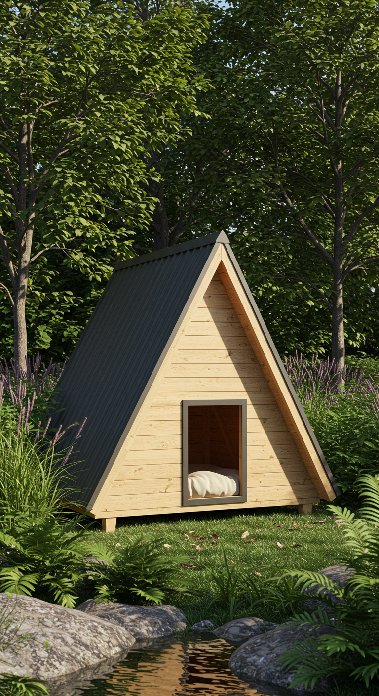 Skandinavisches A-Rahmen-Hundehütte im Wald, umgeben von Bäumen und Bachlauf.