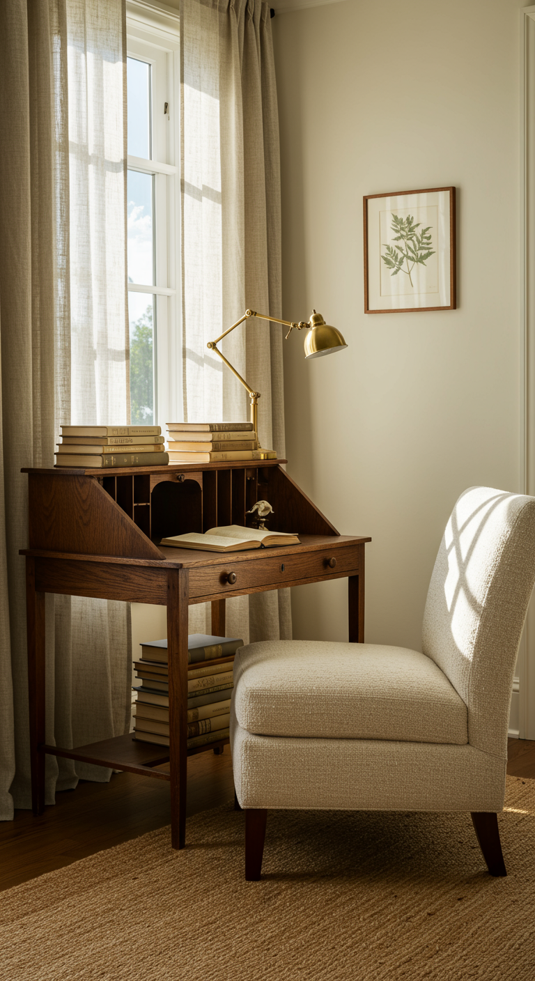 Hölzerner Sekretär mit Büchern und Messinglampe am Fenster.