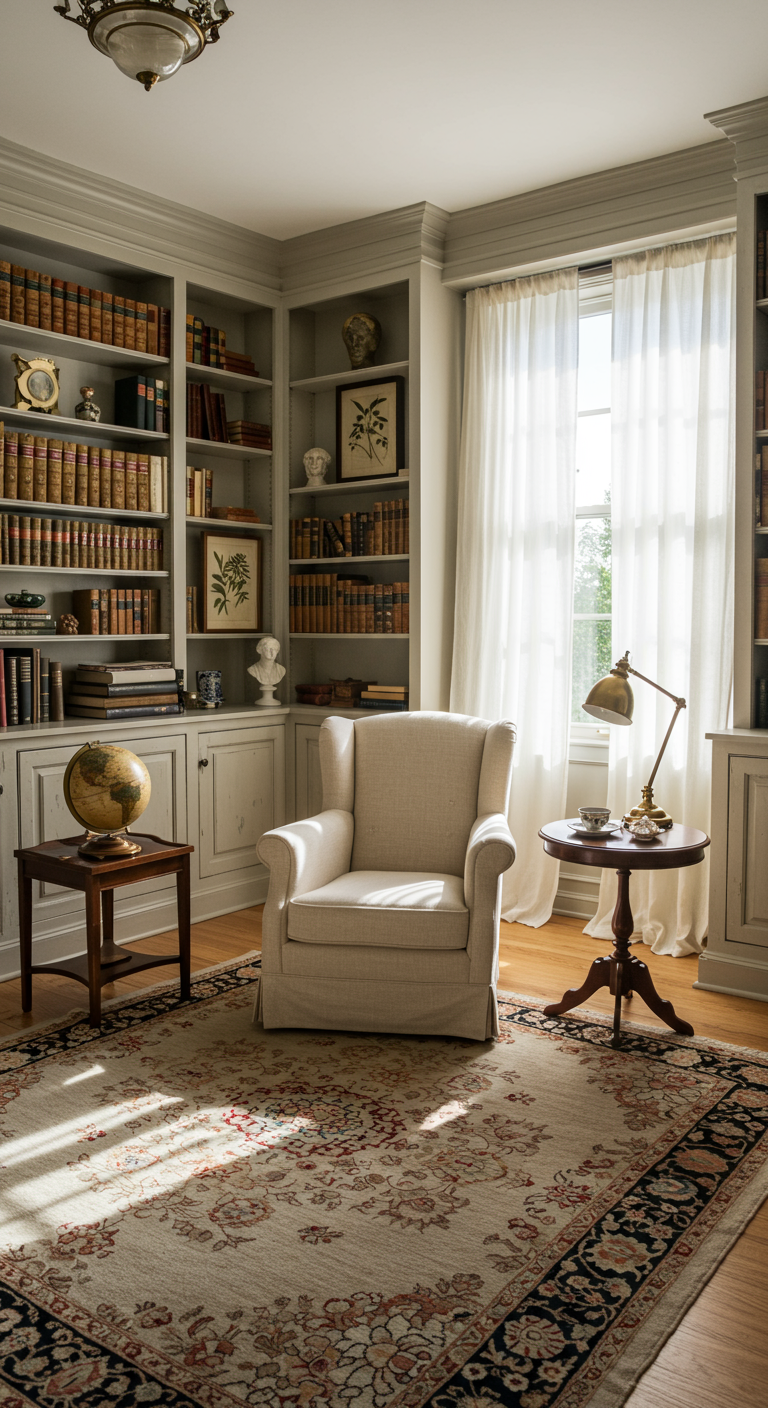 Helle Leseecke mit Greige Bücherregalen, beigem Sessel, Globus und Vintage-Deko.