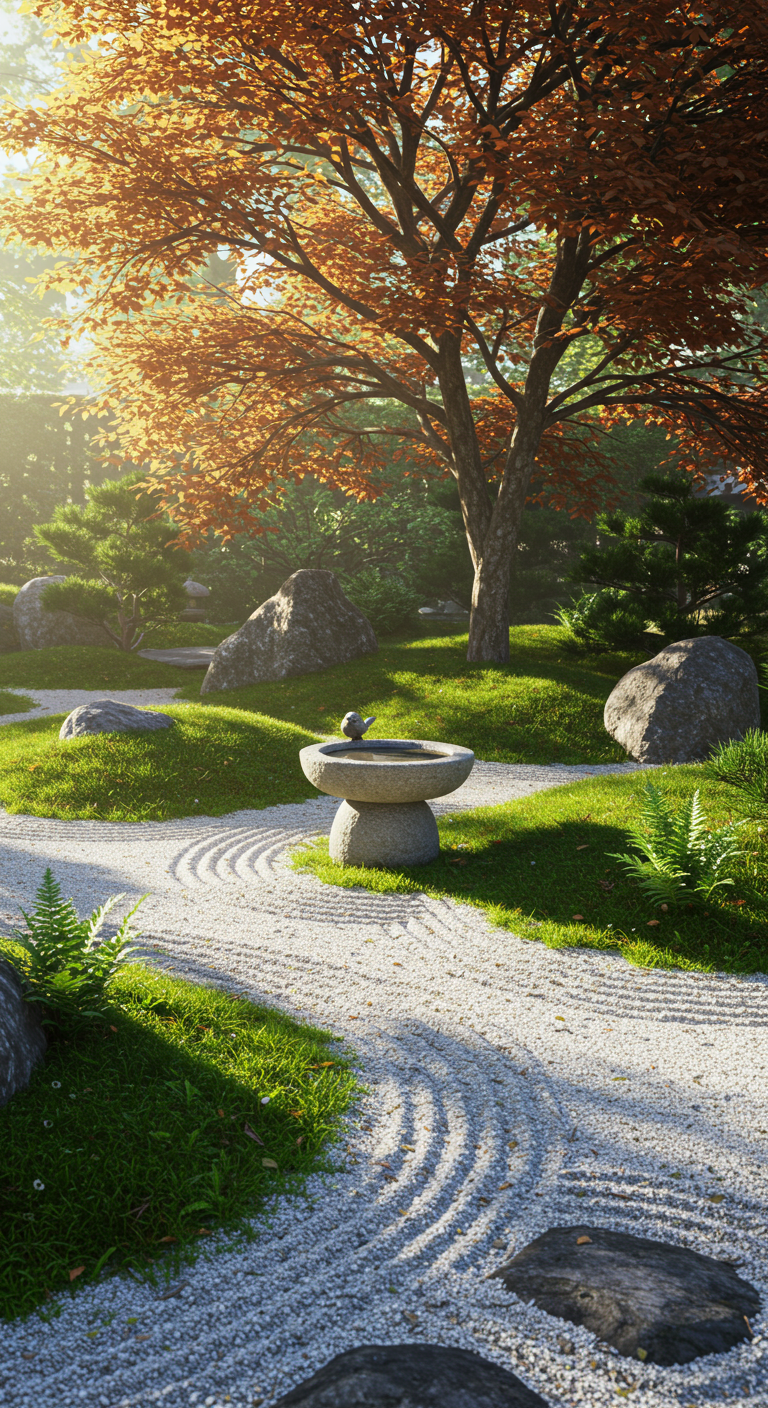 Zen-Garten mit Stein-Vogelbad, geharktem Kies und Herbstbaum