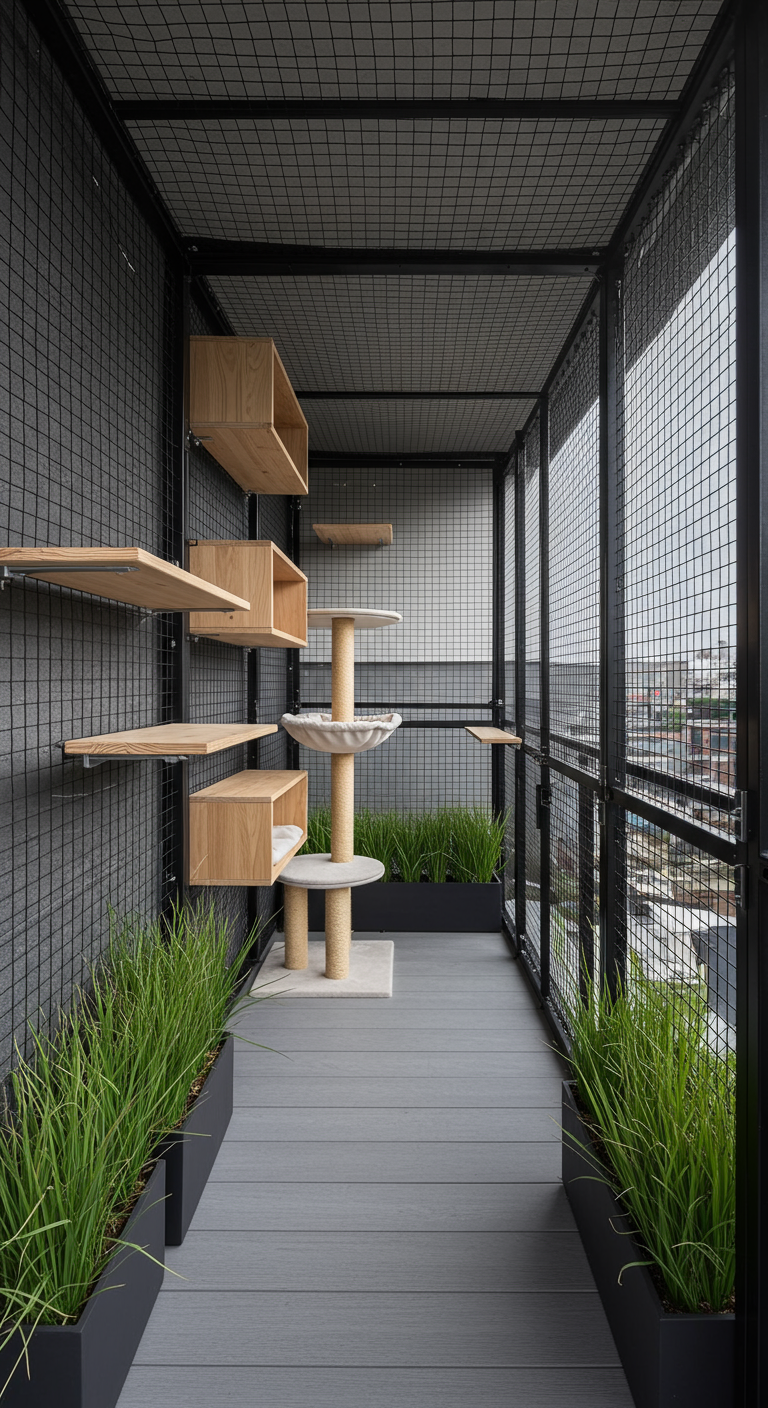 Modernes Catio mit Kletterelementen aus Holz, dunklem Gitter und Graspflanzen