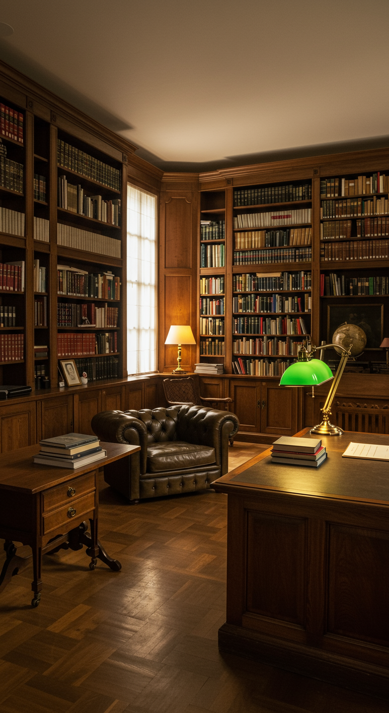 Elegante Bibliothek mit dunklen Holzregalen, Ledersessel und Schreibtisch.