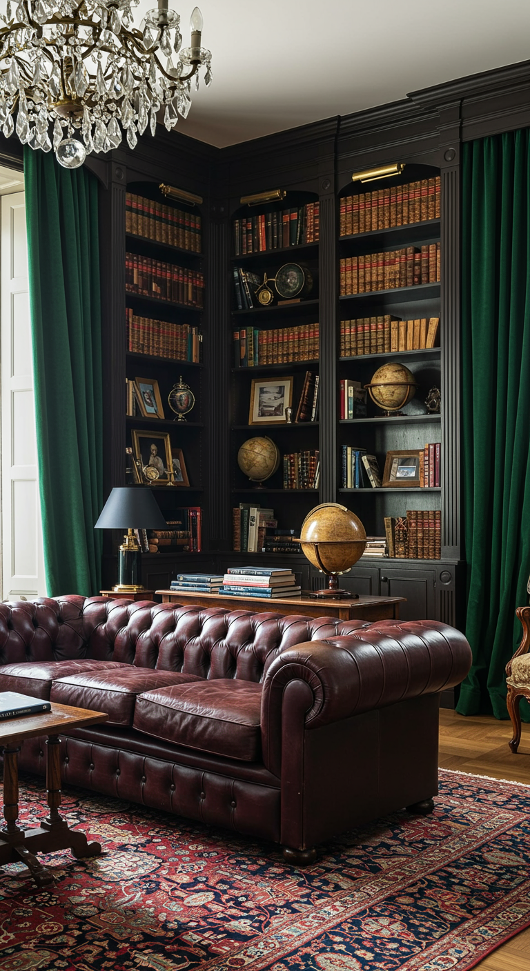 Dunkle Bibliothek mit Ledersofa, deckenhohen Regalen und grünem Samtvorhang.