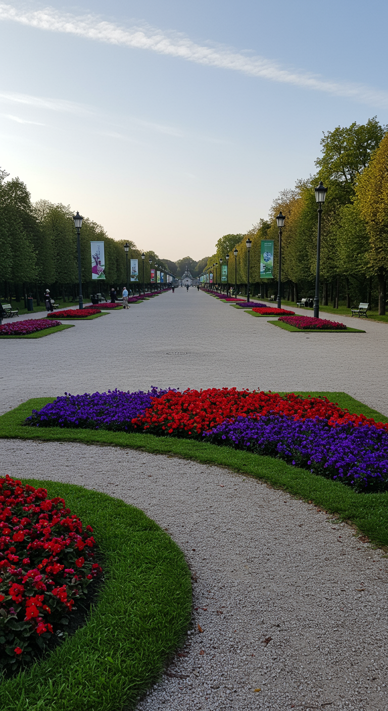 Breite, gerade Allee im Deutsch-Französischen Garten mit bunten Blumenbeeten und Laternen.
