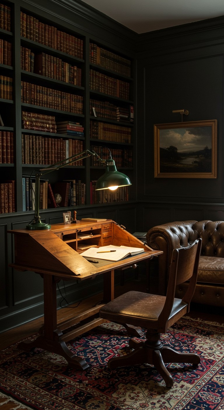 Dunkle, wandhohe Bibliothek mit integriertem Schreibtisch und Lederstuhl.
