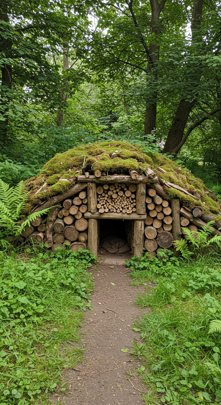 Moosbedeckter Holzunterstand im Wald