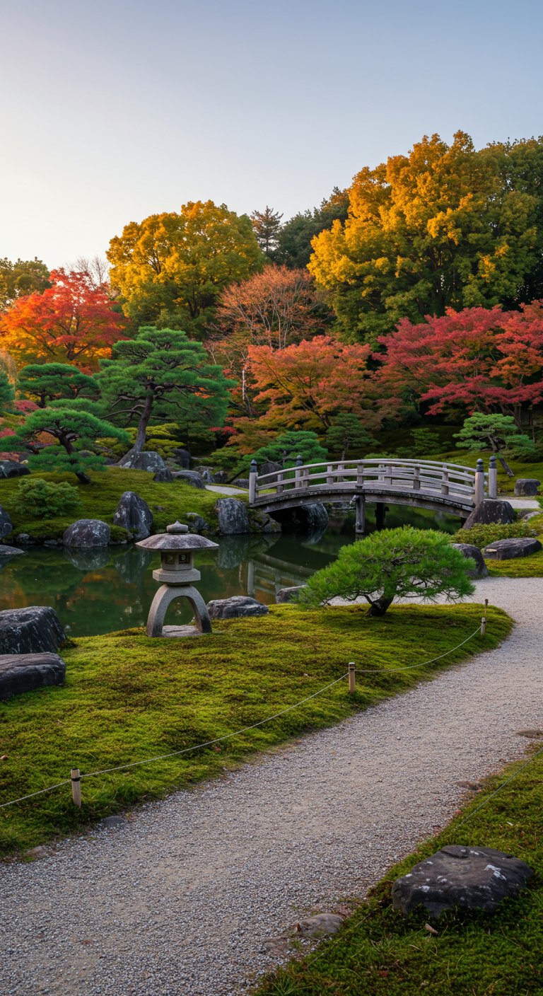 Japanischer Garten mit Holzbrücke über Teich, Steinlaterne und bunten Bäumen.