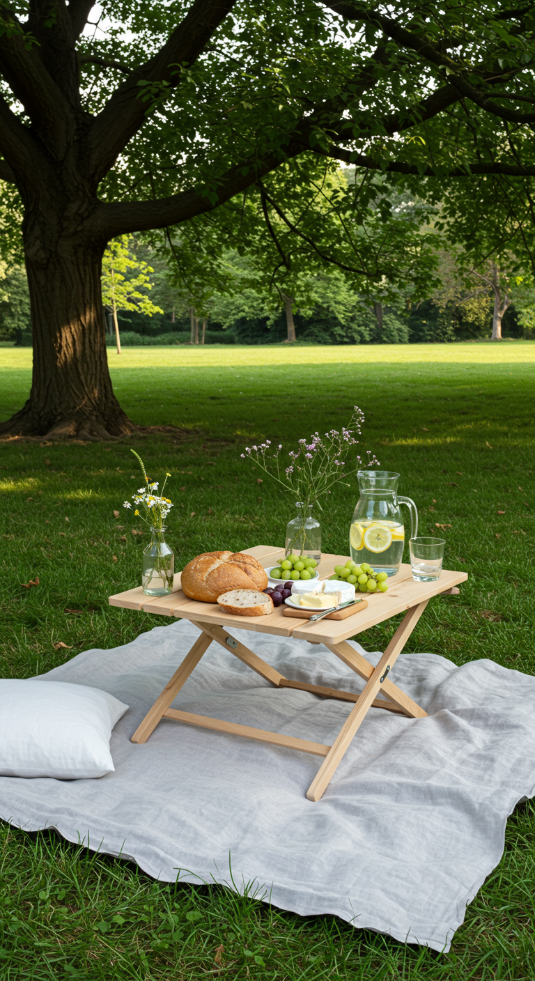Minimalistischer Holztisch mit Brot, Käse und Weintrauben auf einer Decke im Park.