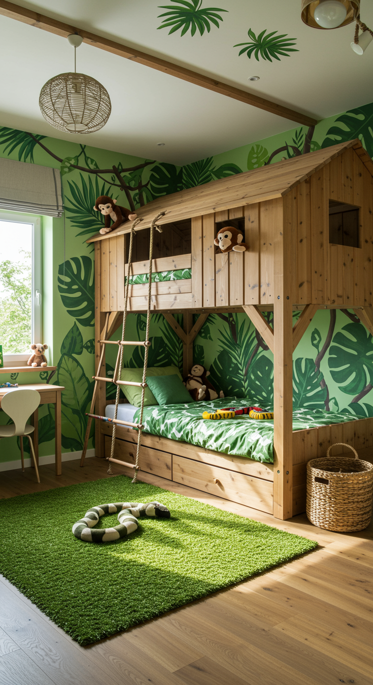 Kinderzimmer mit Dschungel-Motto und Hochbett als Baumhaus.