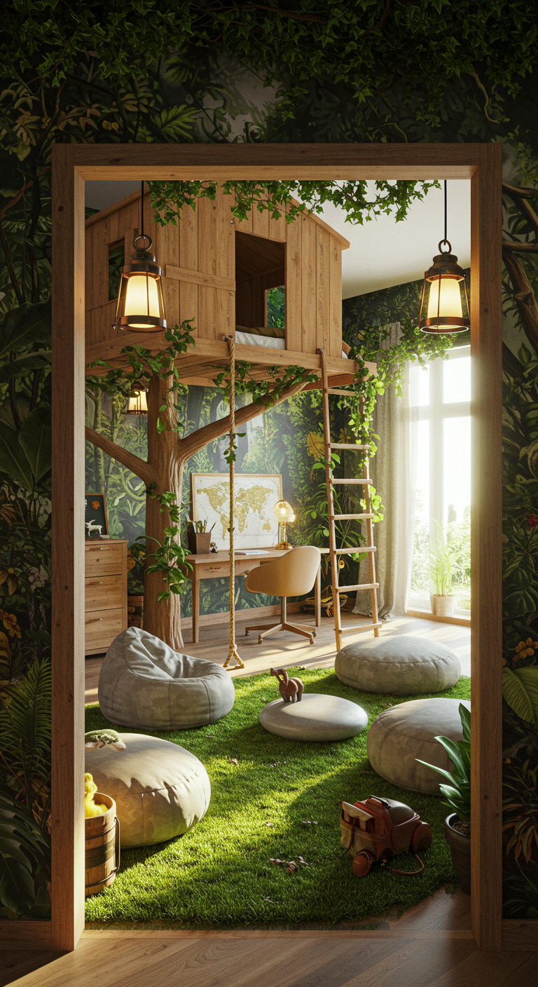 Kinderzimmer mit Baumhausbett, Schreibtisch und Dschungeltapete.