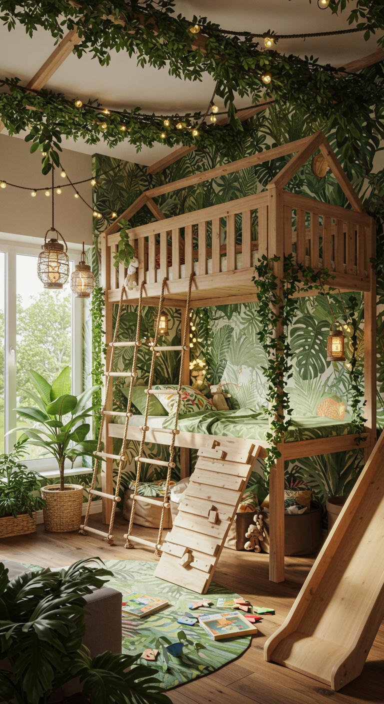Kinderzimmer im Dschungel-Look mit Hochbett, Rutsche und vielen Pflanzen.