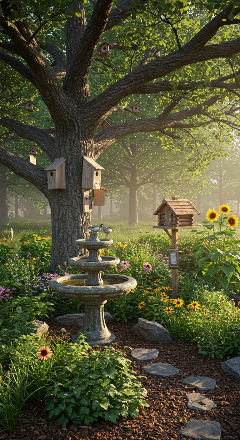 Großer Baum mit vielen Vogelhäuschen, Steinbrunnen und bunten Blumen im Sonnenlicht.