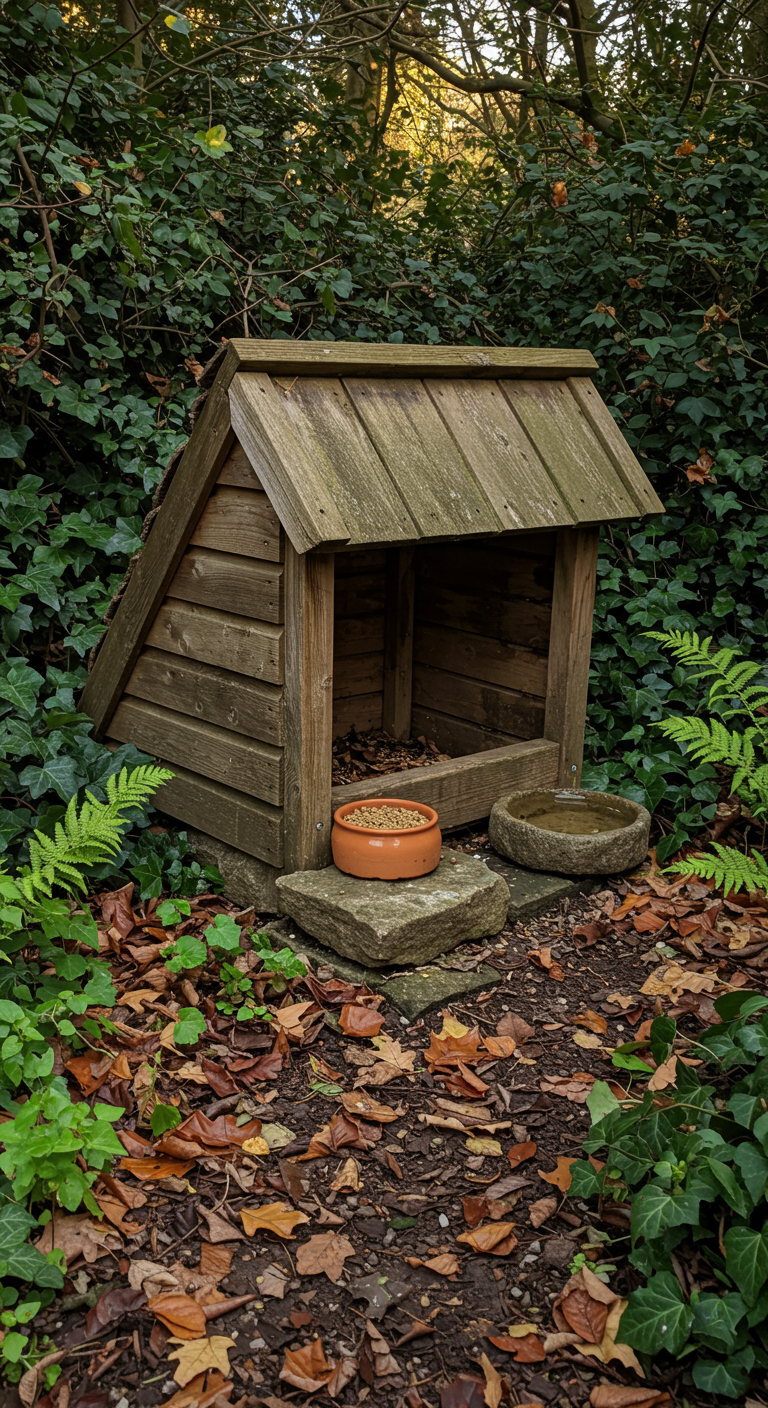 Liebevolles Holzhaus für Igel mit Futter- und Wasserschalen im herbstlichen Laub.