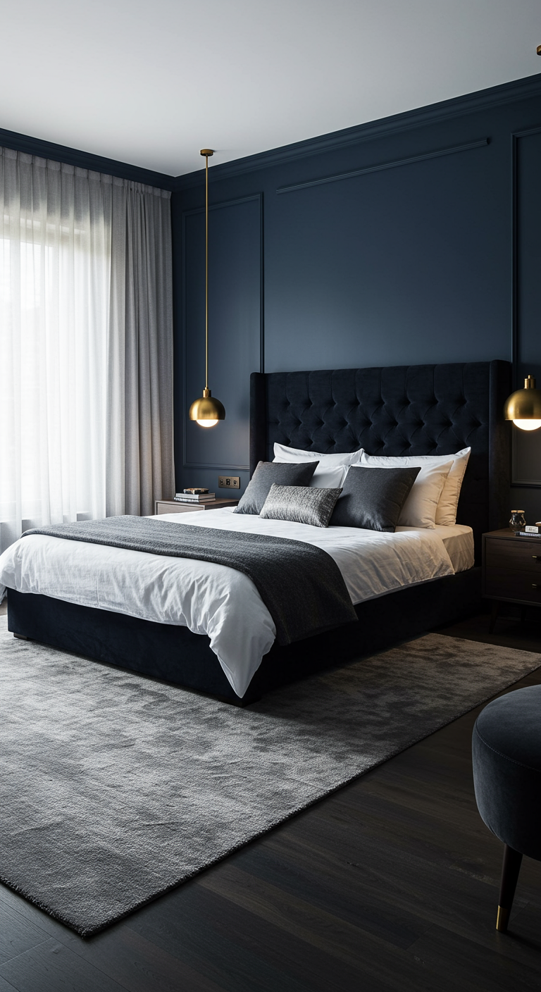 Luxuriöses dunkelblaues Schlafzimmer mit Gold-Pendelleuchten und getuftetem Bett.