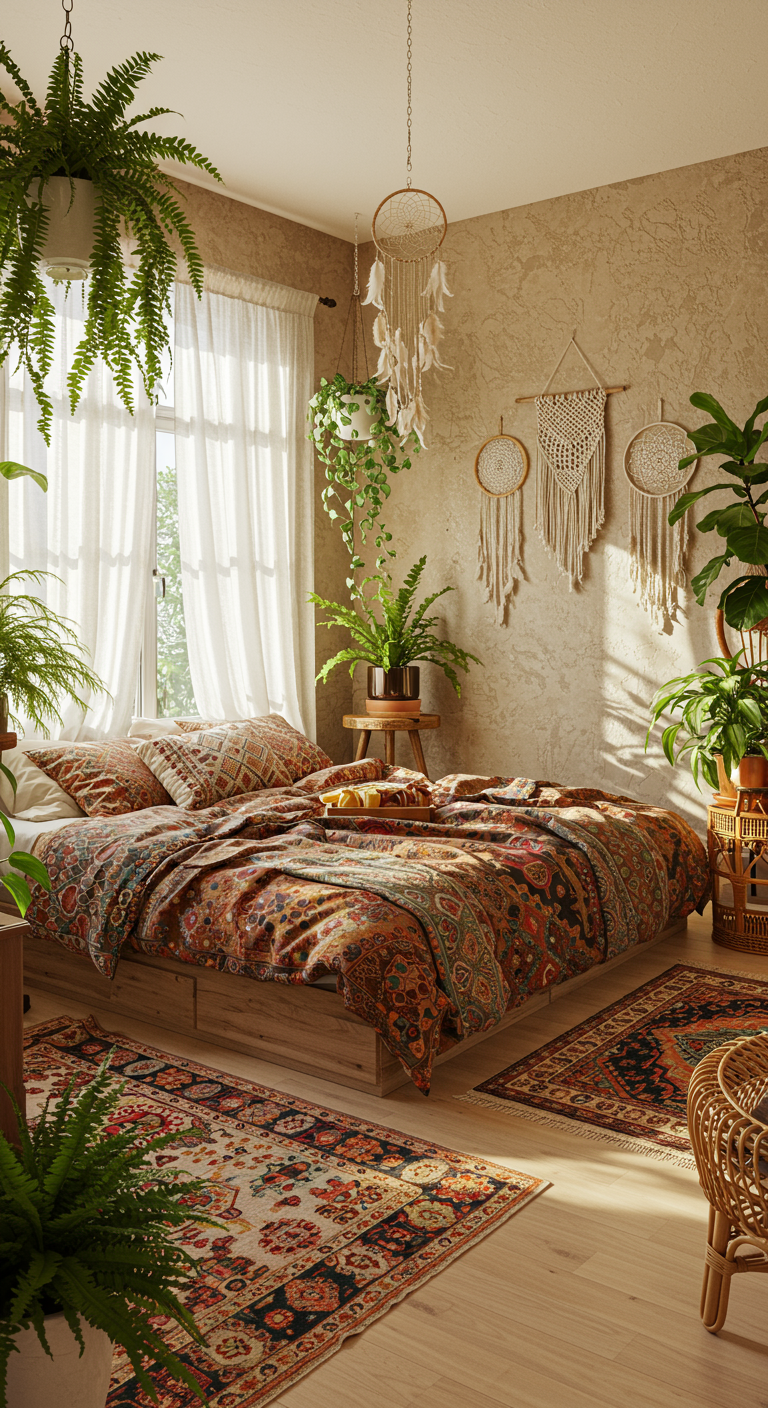Boho-Schlafzimmer mit vielen Pflanzen, Makramee und gemusterten Textilien.