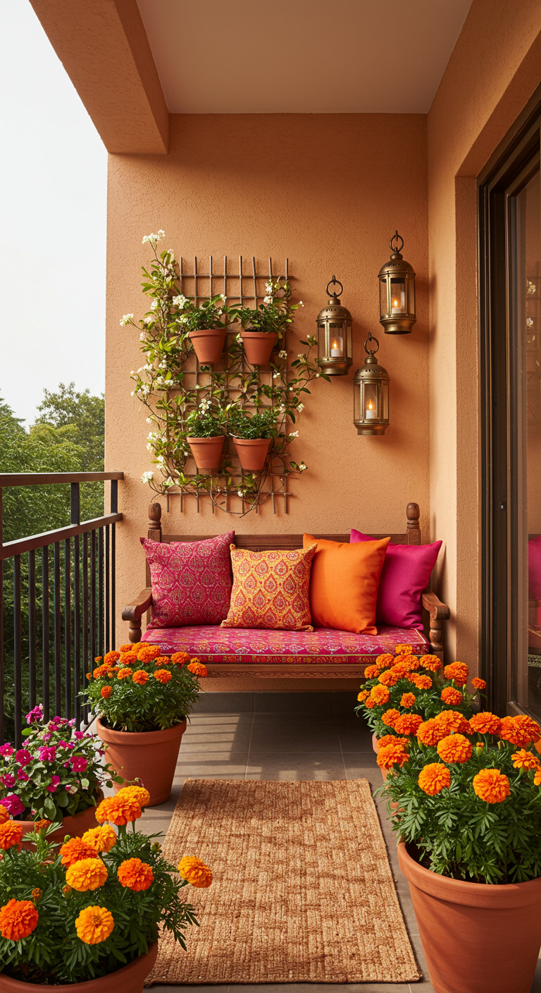 Indischer Balkon mit Terrakotta-Wand, Holzbank, bunten Kissen und orangen Blumen.