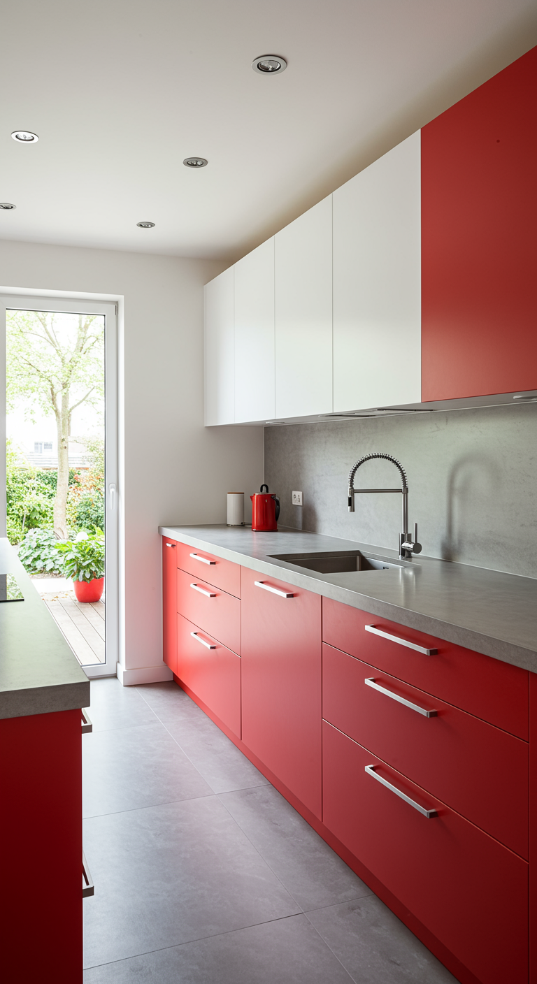 Moderne Küche mit roten Unterschränken und Blick in den Garten.