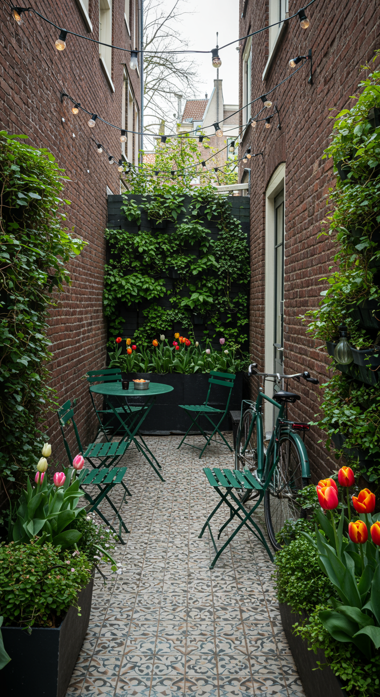 Schmaler Hinterhof mit Bistro-Set, vertikaler Bepflanzung, Tulpen und Lichterketten.