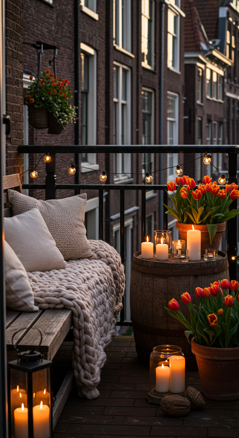 Holzbank mit Strickdecke und Kissen auf einem Balkon mit Tulpen und Kerzen.